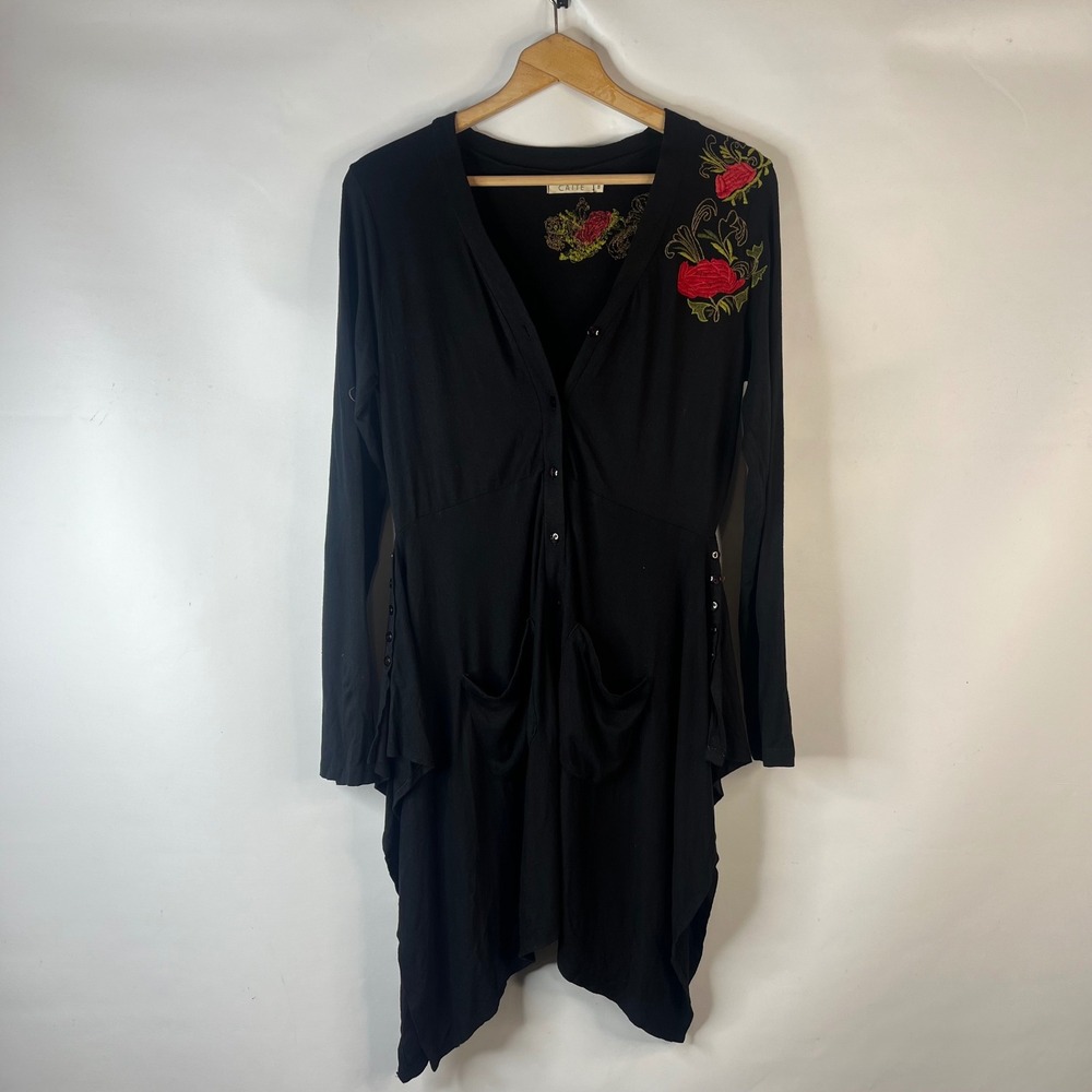 Caite Cardigan Women Medium Black Floral Embroidered Longline Sharkbite Boho